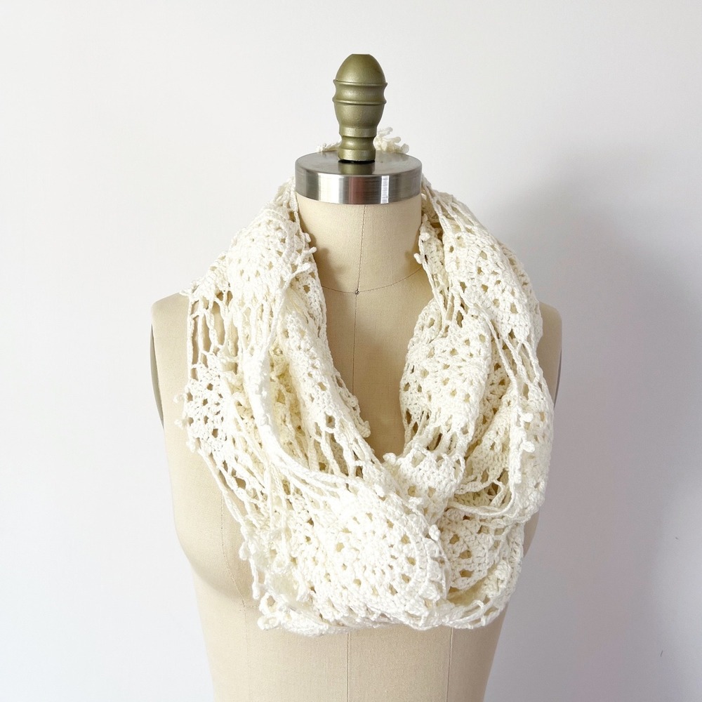 Crochet Infinity Scarf Cream Floral Lace Cotton Boho Fairy Hippie